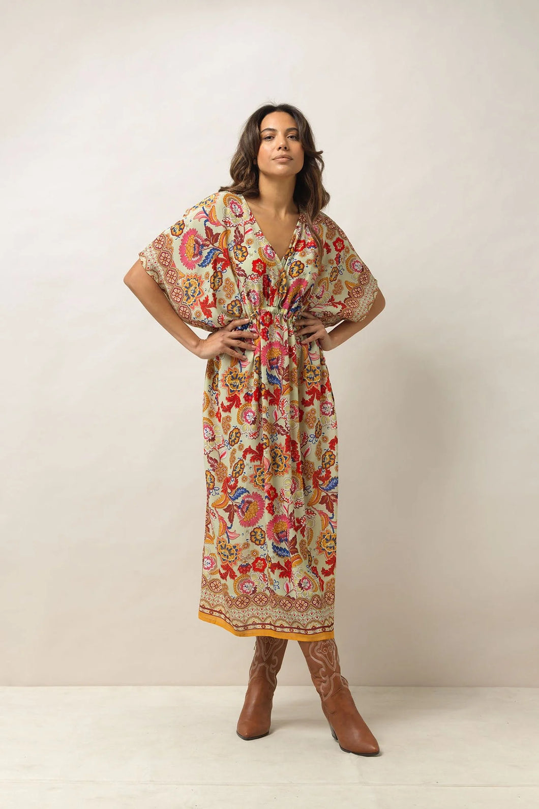 String Dress Indian Flower Taupe