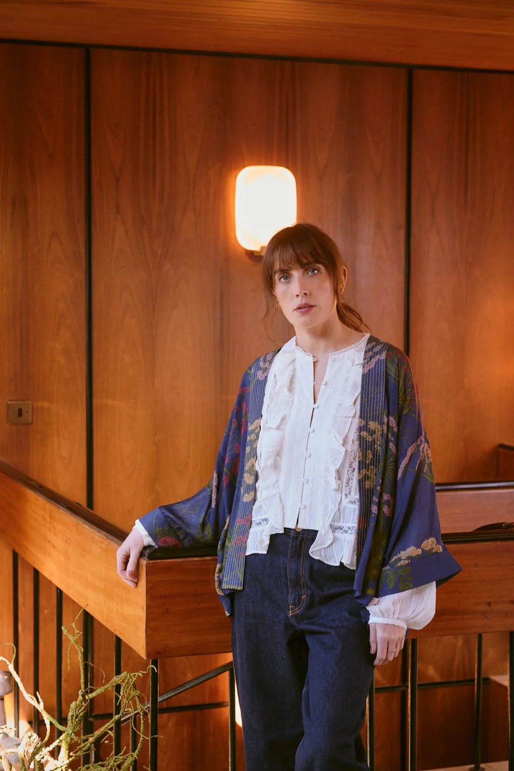 One Hundred Stars Parsley Seed Navy Kimono