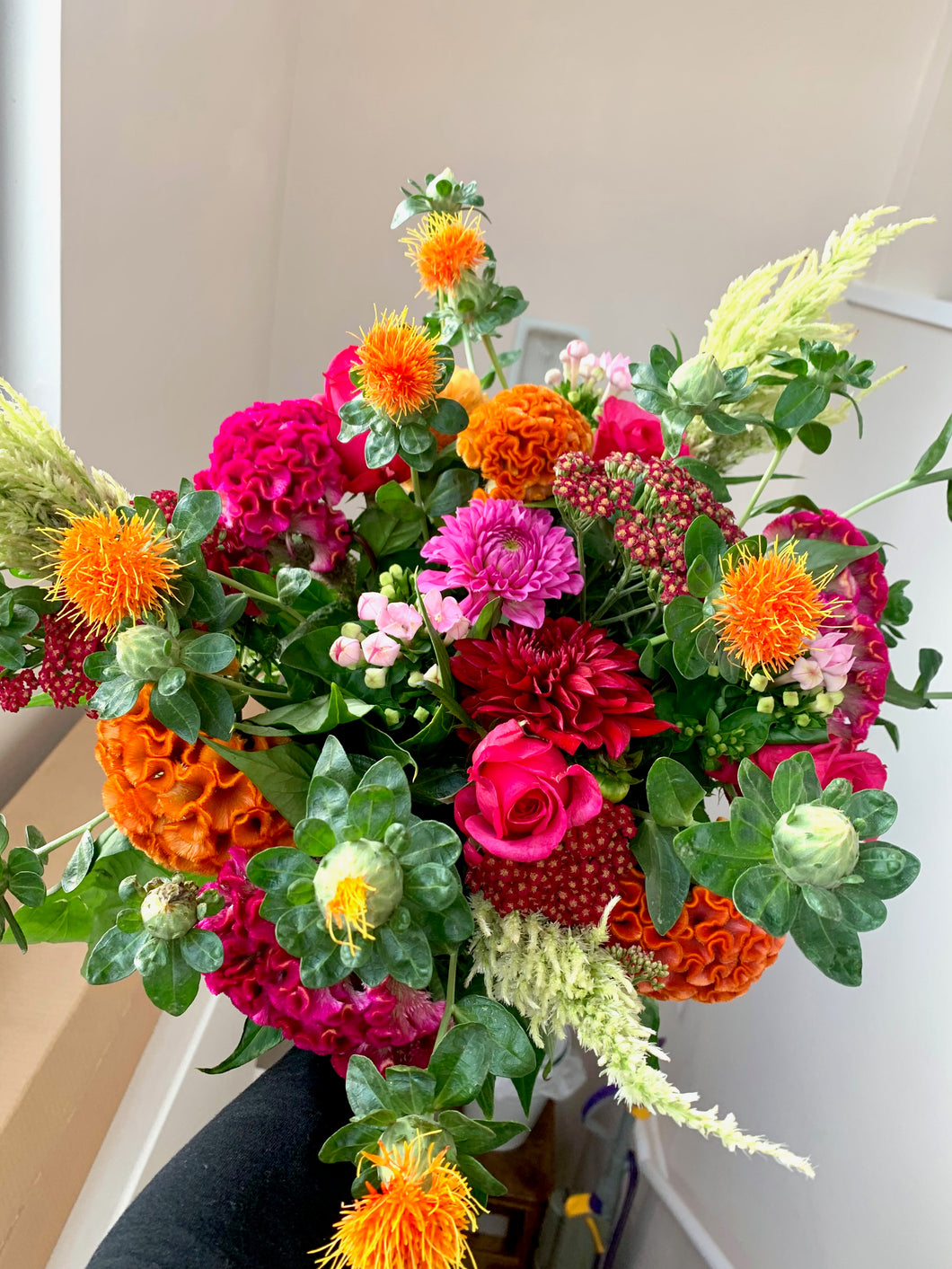 Mix of Dahlia, Celosia, Bouvardia and Carthemus